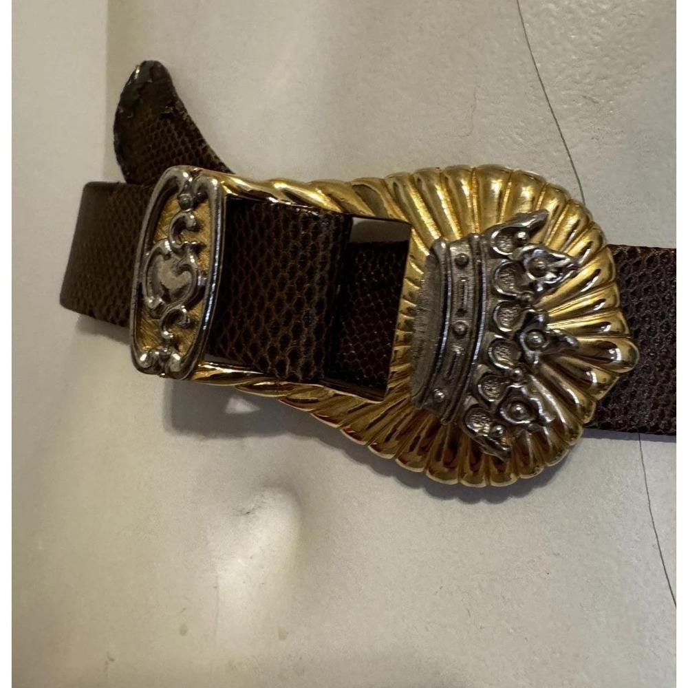 JUDITH LEIBER Taupe Gold SNAKESKIN Leather Adjustable BELT Crown BUCKLE Signed M - Picture 3 of 11